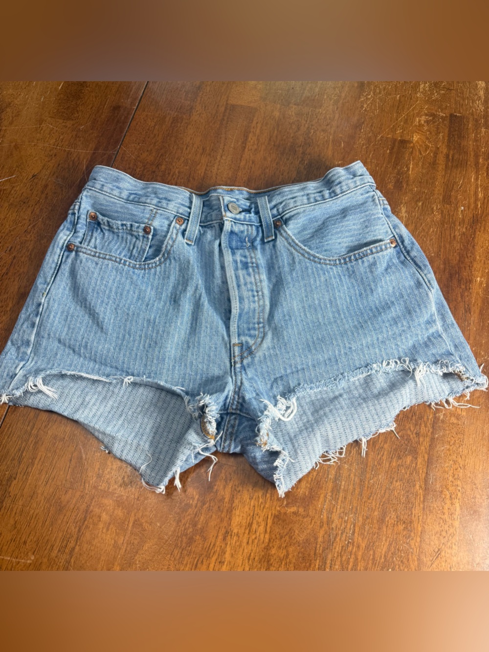 501 Levi's Light Blue Frayed Denim Cutoff Shorts
